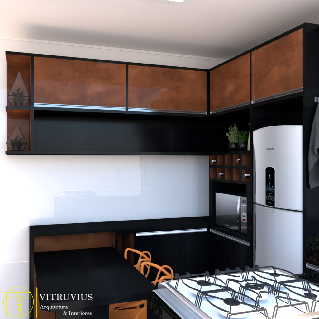 Projeto de cozinha em tons de preto feito pelas arquitetas Thalita Tasso e Adrielle Camila, da Vitruvius Arquitetura & Interiores, de Maringá.
